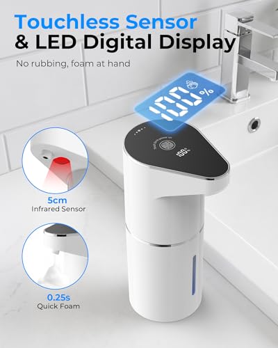 Automatic Soap Dispenser Touchless, Rechargeable Hands-Free Soap Dispenser with Infrared Sensor, 6 Adjustable Foam Levels, LED Display, IPX4 Waterproof, 350ml for Bathroom Kitchen, White