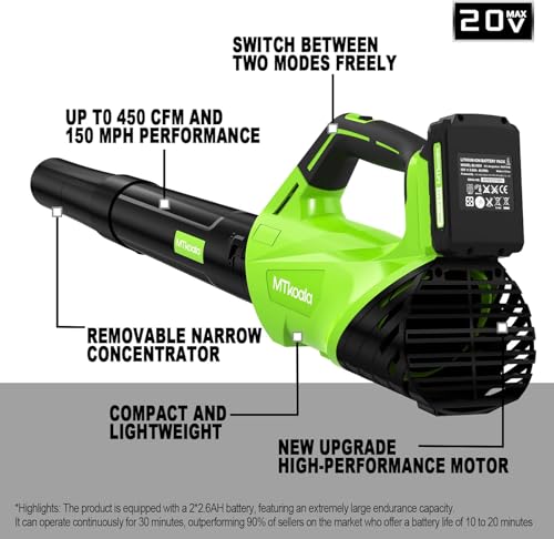 2026 Upgrade Leaf Blower, Leaf Blower Cordless with 2 * 2.6AH Batteries and Fast Charger, 450CFM &150MPH and 2 Speed Mode, Lightweight Electric Leaf Blowers for Lawn,Yard, Leaves, Dust, Snow