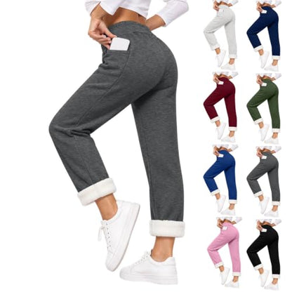 Sweat Pants Women Women Fleece Lined Sweatpants Warm Thick Winter Jogger Pants Elastic Waist Casual Running Yoga Trousers with Pockets Gray X-Large