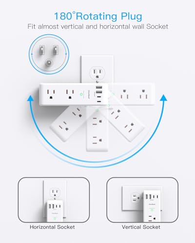 Surge Protector Outlet Extender Power Bar 6 AC with 4 USB Rotating Plug