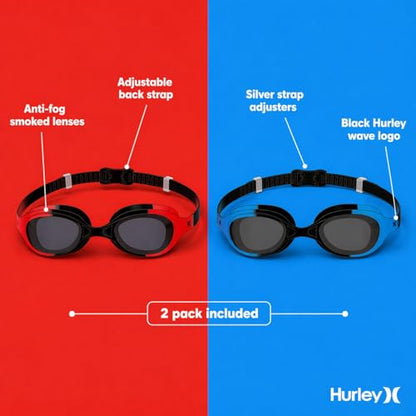 Hurley Youth Solari Red & Blue Swim Goggles 2 pack Trap Blist