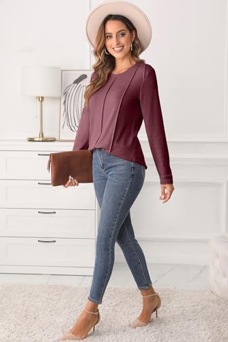 EVALESS Womens Tops Blouses Dressy for Women 2024 Trendy Summer Fall Dressy Casual Long Sleeve Blouses Solid Color Loose Round Neck Pleated Basic T Shirts Outfits,Red Dahlia Medium