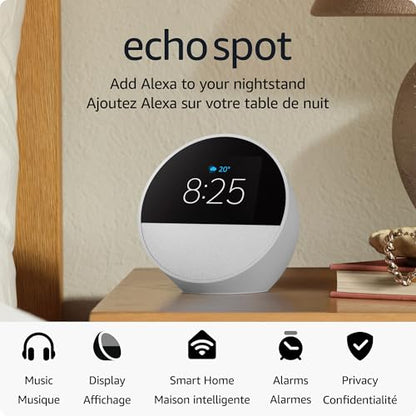 Amazon Echo Spot (newest model), Great for nightstands, offices and kitchens, Smart alarm clock, Designed for Alexa+, Glacier White