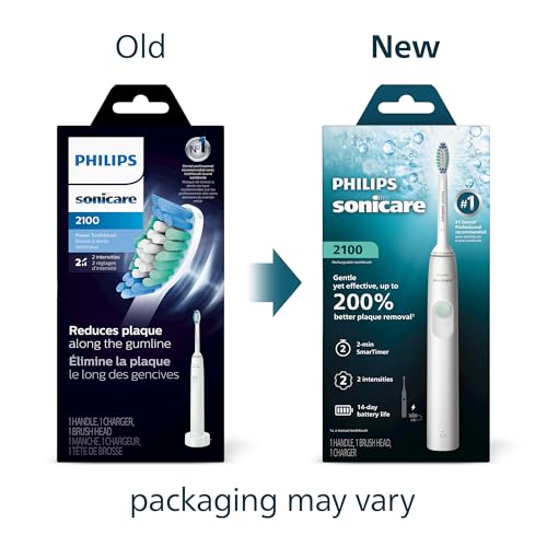 Philips Sonicare 2100 Rechargeable Electric Toothbrush, 1 Brush Head, White | 200% More Plaque Removal, 2 Brush Settings, 2-Minute Guided Timer, QuadPacer, EasyStart, 14-Day Battery, HX3661/04