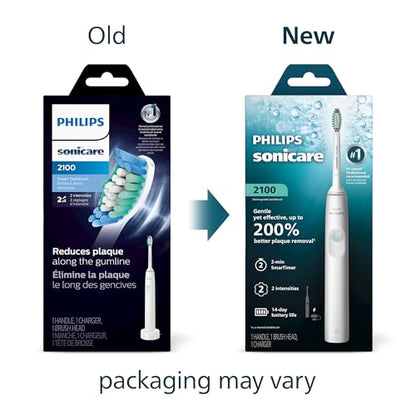 Philips Sonicare 2100 Rechargeable Electric Toothbrush, 1 Brush Head, White | 200% More Plaque Removal, 2 Brush Settings, 2-Minute Guided Timer, QuadPacer, EasyStart, 14-Day Battery, HX3661/04