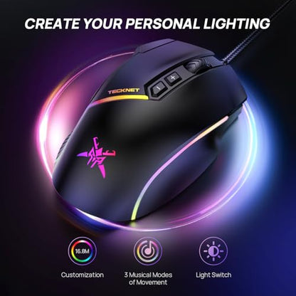 TECKNET Wired Gaming Mouse, 12,800 DPI with Optical Sensor, 8 Programmable Buttons, 13 RGB Backlit Modes, Ergonomic Design, Custom Software Gaming Mice for Laptop,PC