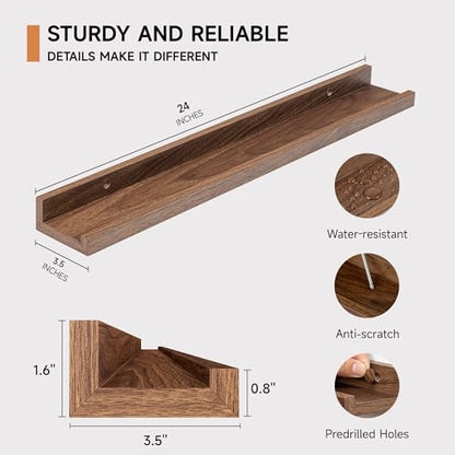 Fun Memories Picture Ledge Shelf, 24 Inch Floating Shelves Set of 2, Nursery Book Shelves for Toys Storage, Kids Bookshelf Wall Mounted for Wall Decor Books Photo Frames, Walnut