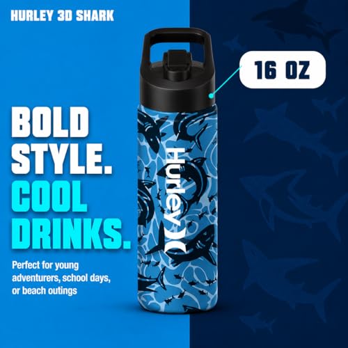 Hurley 3D Shark Design 16Oz Straw Cap Ss. Sports Bottle