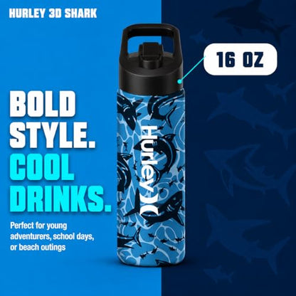 Hurley 3D Shark Design 16Oz Straw Cap Ss. Sports Bottle