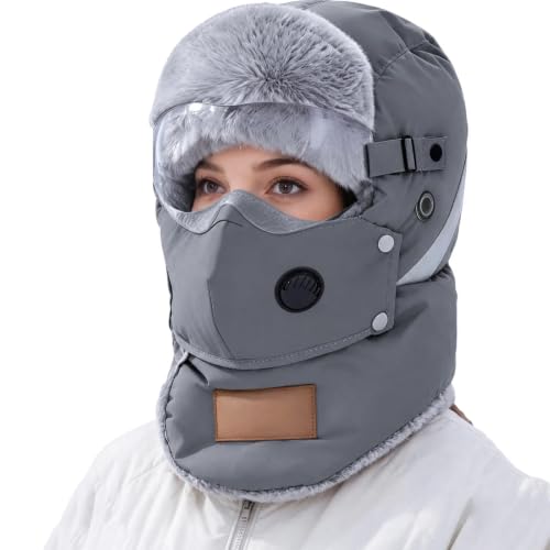 Winter Trapper Hat with Goggles Windproof Face Mask Plush Fleece Lined Balaclava Cold Weather Ski Hat for Men Women Gray