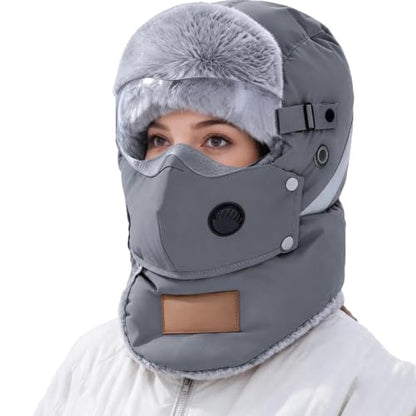 Winter Trapper Hat with Goggles Windproof Face Mask Plush Fleece Lined Balaclava Cold Weather Ski Hat for Men Women Gray