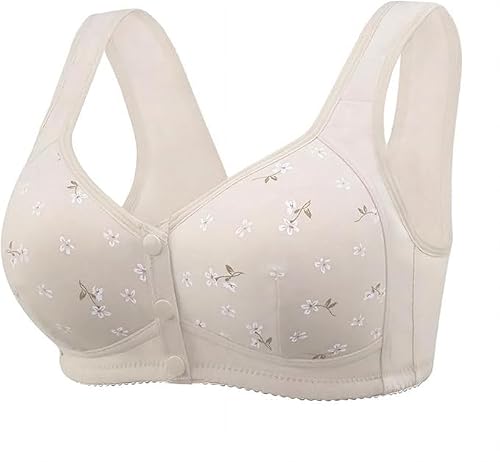 IWOLLENCE Daisy Bras for Older Women No Underwire Front Closure Comfort Senior Wireless Snap Closing Bra Khaki 36B