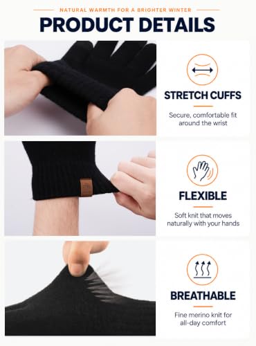 TRANXPHIT Merino Wool Winter Gloves for Women Men, Touchscreen, S, Black