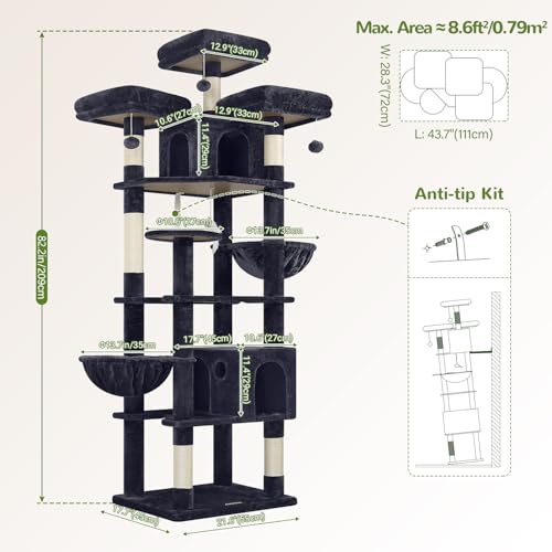 Globlazer Cat Trees and Towers for Multiple Adult Cats, 82-inch XXL Tall Cat Tree Tower for Indoor Cats with Scratching Post, 3 Perches, 2 Hanging Baskets, 2 Condos, Dark Grey, F82