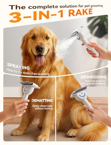 Dog Brush for Grooming,FEELNEEDY Cat Brush for Shedding,Dual-Sided Dematting and Deshedding Dog Brush with 2 Spray Levels Steam Brush, Detangling Rake for Long-Hair Dogs and Cats, for Medium-Thick Coats Prone to Tangles & Shedding