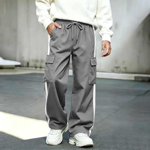 Boys Cargo Pants Elastic Waist Wide Leg Casual Pants with Pockets Gray