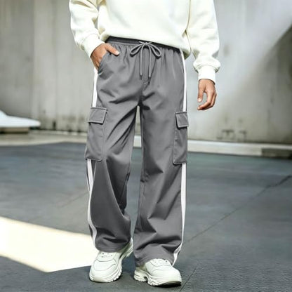 Boys Cargo Pants Elastic Waist Wide Leg Casual Pants with Pockets Gray