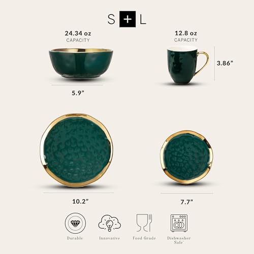 Stone Lain Gold Halo Porcelain Dinnerware Set, Service for 4, Green
