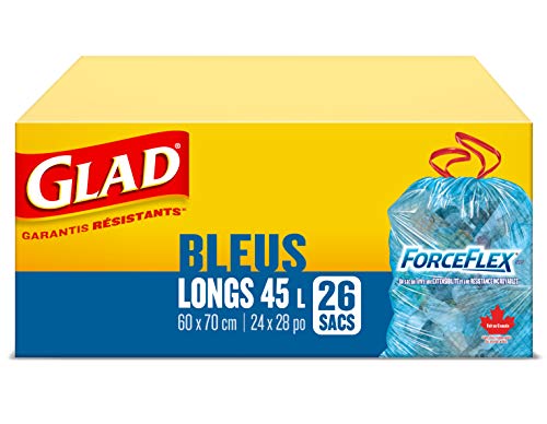 Glad Blue Recycling Bags - Tall 45 Litres - ForceFlex, Drawstring, 26 Trash Bags, Made in Canada of Global Components