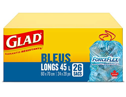 Glad Blue Recycling Bags - Tall 45 Litres - ForceFlex, Drawstring, 26 Trash Bags, Made in Canada of Global Components