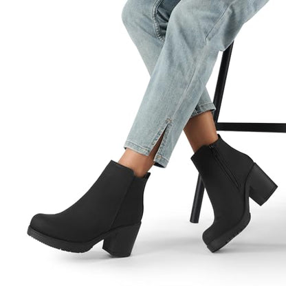 DREAM PAIRS Women's Block Heel Chelsea Ankle Boots,Black/Pu,8