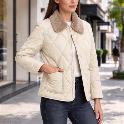 Women's Lightweight Quilted Jacket Faux Fur Collar Short Padded Coat Button Down Casual Mild Weather Outerwear with Pockets
