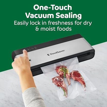 FoodSaver PowerVac Compact Vacuum Sealer Machine w/ Vertical Storage | 5 Airtight Vacuum Seal Bags & 1 Roll | VS0150 | Stainless Steel / Black