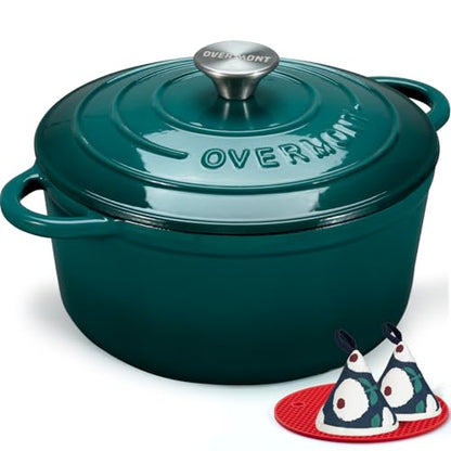Overmont Enameled Cast Iron Dutch Oven - Lid Cookbook 5.5QT Darkcyan