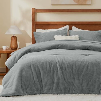 BEDELITE Faux Fur Queen Comforter Set Light Grey,Fluffy Bedding,2 Pillowcases
