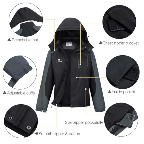 CAMELSPORTS Mens Winter Jacket Waterproof Warm Snow Ski Jackets Faux Fur Fleece Rain Coats with Removable Hood, B-black, Large
