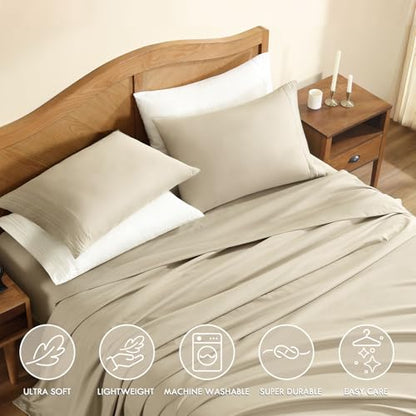 ClevaHome Queen Size Sheets, 4-Piece 14'' Deep Pocket Sheets, Sandy Beige