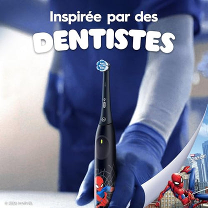 Oral-B iO Kids Rechargeable Electric Powered Toothbrush, Spiderman with 1 Gentle Care Brush Head - Automatic Pressure Sensor to Protect Gums - 3 Cleaning Settings - 2 Min Music Timer - 28 Day Battery Life