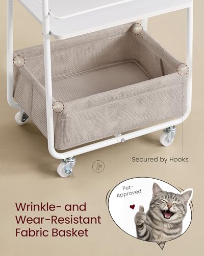 VASAGLE LILEA Collection - Storage Cart with Fabric Basket, 3-Tier Rolling Utility Cart with Wheels and Shelves, for Living Room Bedroom Kitchen, Cloud White and Camel Brown ULRC001WB01