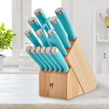 Hampton Forge Epicure Aqua 15-Piece Knife Set with Block | stainless steel, wood block | slip-resistant ergonomic handles | includes chef and slicing knives, knife block set