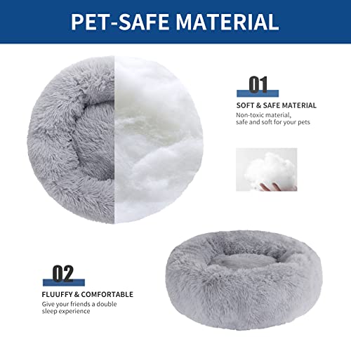 BVAGSS Small Dog Bed Cat Bed Calming Plush Pet Bed Soft Washable Anti Anxiety Round Donut Cuddler Fluffy Puppy Bed for Puppy & Kitten JA037 (20 inch, Light Grey)