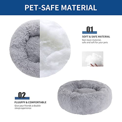 BVAGSS Small Dog Bed Cat Bed Calming Plush Pet Bed Soft Washable Anti Anxiety Round Donut Cuddler Fluffy Puppy Bed for Puppy & Kitten JA037 (20 inch, Light Grey)