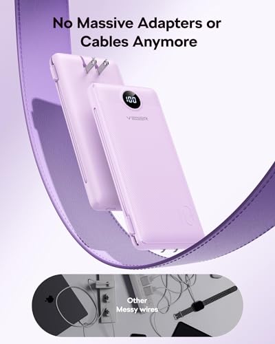 VEGER Portable Charger, 10000mAh Power Bank with Built-in Cables&Wall Plug