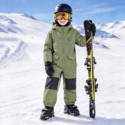 Kids Snow Pants Boys One Piece Ski Suit Waterproof Windproof Padded Snow Suits Kid Girls Winter Outdoor Warm Hooded Snowboard Jumpsuit Army Green 14-15 years