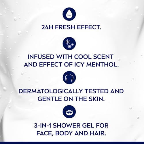 NIVEA MEN Cool Kick 3-in-1 Shower Gel, Body Face Hair, Icy Menthol, 500ml