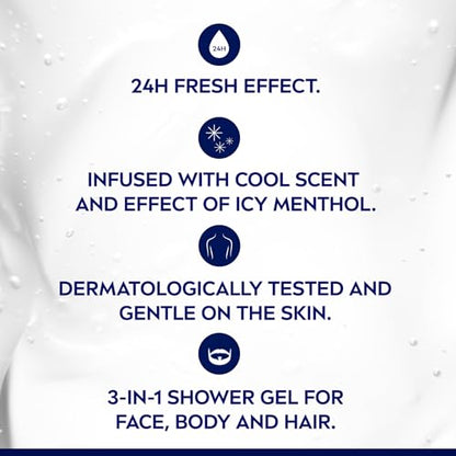 NIVEA MEN Cool Kick 3-in-1 Shower Gel, Body Face Hair, Icy Menthol, 500ml