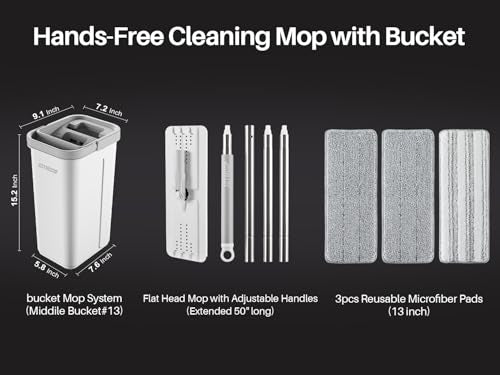 JOYMOOP Hands Free Flat Floor Mop and Bucket with Wringer Set, 3 Washable Microfiber Mops, Wet and Dry Use, Floor Cleaning System