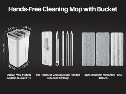 JOYMOOP Hands Free Flat Floor Mop and Bucket with Wringer Set, 3 Washable Microfiber Mops, Wet and Dry Use, Floor Cleaning System