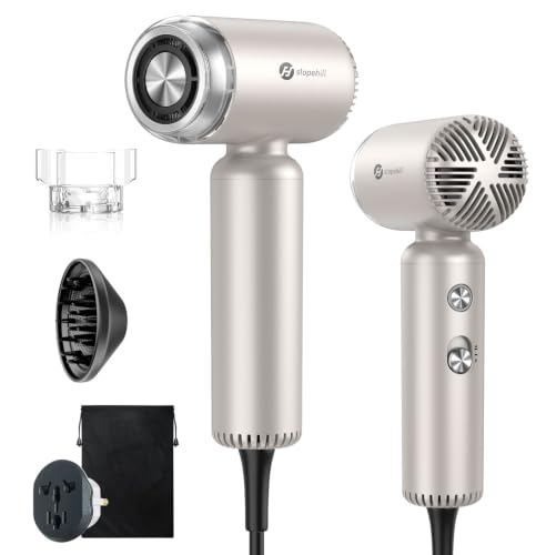 slopehill Travel Dual Voltage Mini Hair Dryer with Diffuser, Portable & Compact, Ionic & Quiet, Lightweight & High-speed Motor Professional Fast Drying, for Women All Hair Curly Wavy, Titanium Gold