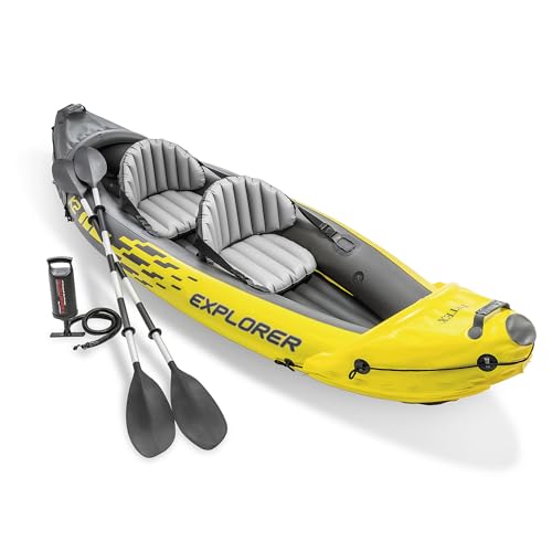 INTEX 68307EP Explorer K2 Inflatable Kayak Set: Includes Deluxe 86in Aluminum Oars and High-Output Pump – SuperStrong PVC – Adjustable Seats with Backrest – 2-Person – 400lb Weight Capacity