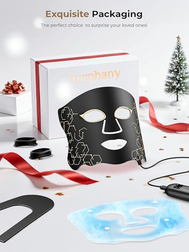 Aurphany Red Light Therapy Mask with Cooling Gel Pack, 7-Color NIR 850nm LED Face Light Therapy, Skin-Friendly Silicone Skincare Device, Rechargeable Remote - 180 Mins Use, Home Travel Gift, Black Gold