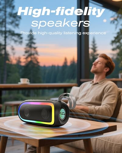 Portable Bluetooth Speaker, IPX6 Waterproof 20W HiFi Stereo Sound with Deep Bass 12H Playtime BT 5.2 Wireless TWS 7 Color Lights soundbox for Smartphone/Tablet/PC Apply to Home/Outdoor