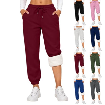 Pantalon Sport Femme, Women Warm Fleece Lined Joggers Sweatpants Wine