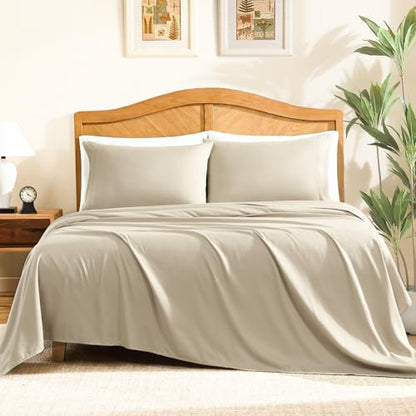 ClevaHome Queen Size Sheets, 4-Piece 14'' Deep Pocket Sheets, Sandy Beige