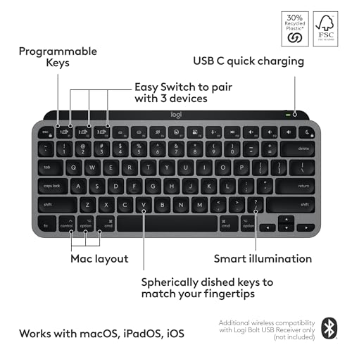 Logitech MX Keys Mini Mac Minimalist Wireless Keyboard Compact - Space Grey