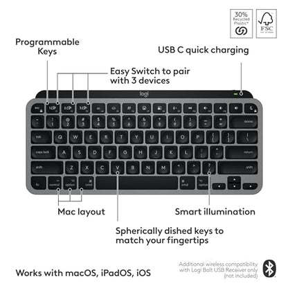 Logitech MX Keys Mini Mac Minimalist Wireless Keyboard Compact - Space Grey
